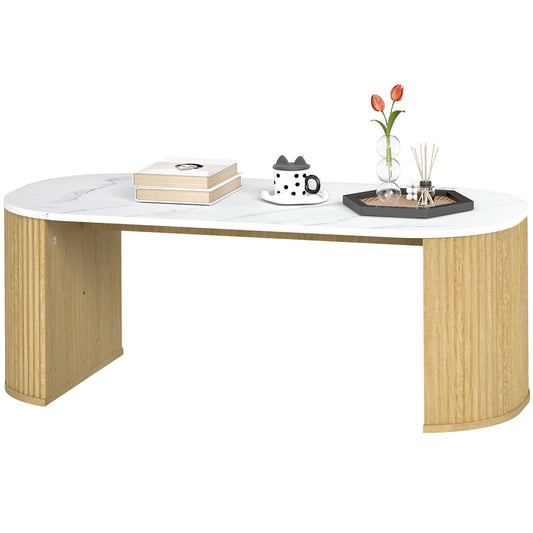 Marble-Effect Coffee Table with Round Corners - Natural Wood