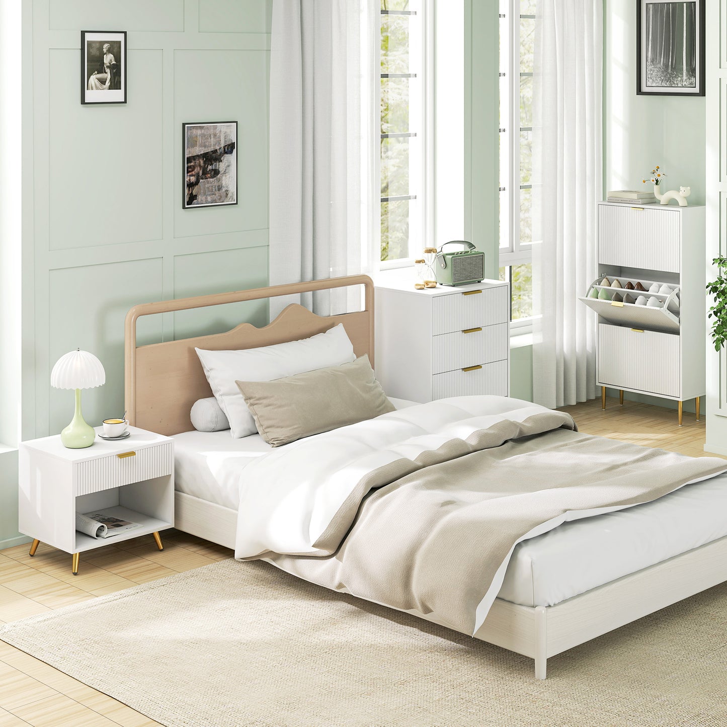 Nightstand with Fluted Panel, Bedside Table with Drawer and Open Compartment, Modern Night Table for Bedroom, White