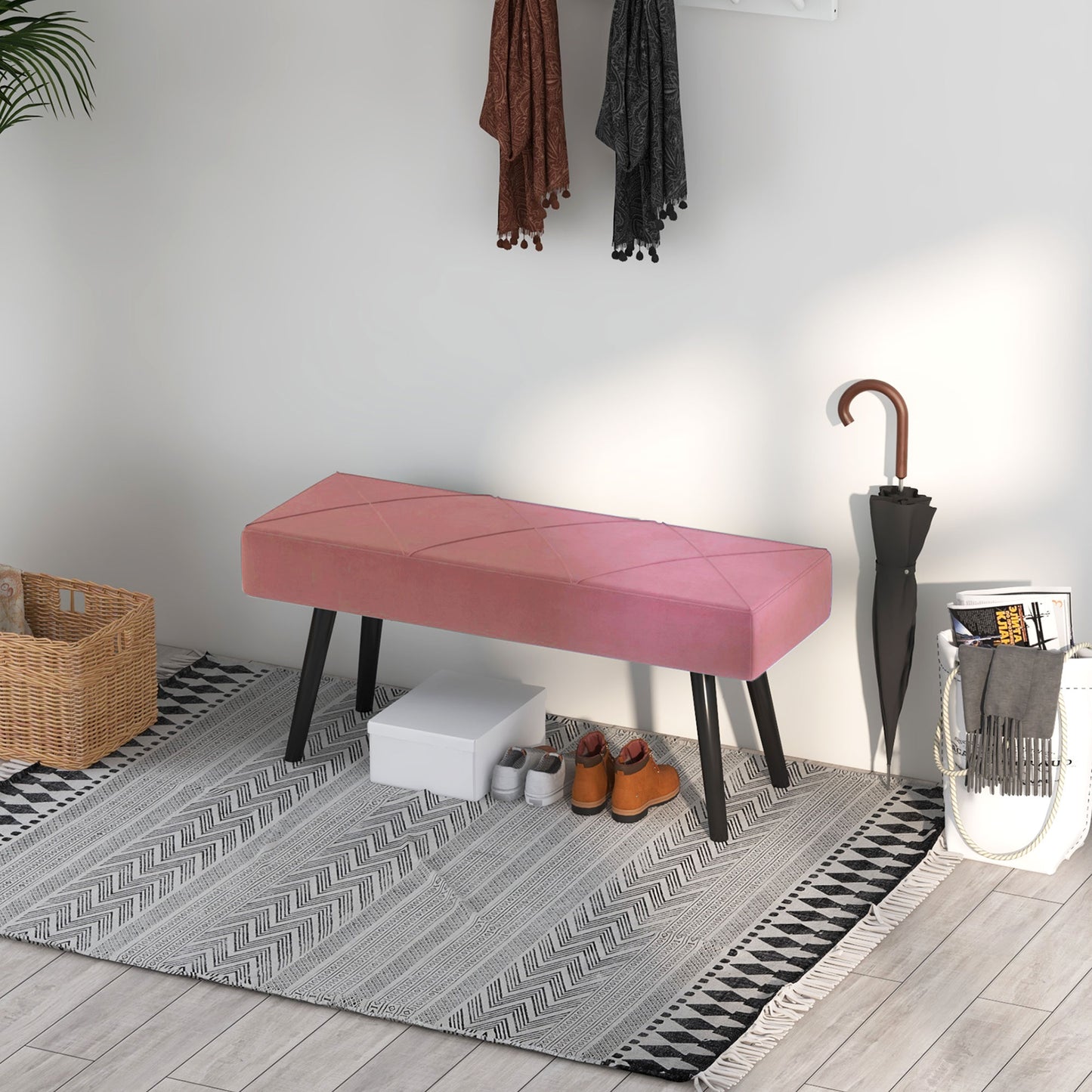 39 Inches Upholstered Bedroom Bench, Modern End of Bed Bench with Steel Legs, Pink