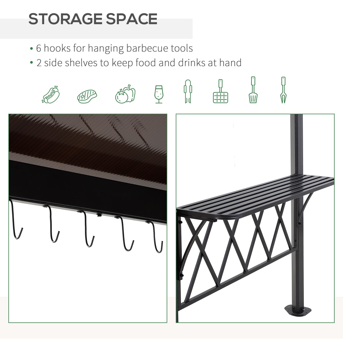 Outdoor Hardtop Grill Gazebo Cooking BBQ Canopy w/ 6 Hooks for Utensils and Double Vented PC Roof, Coffee