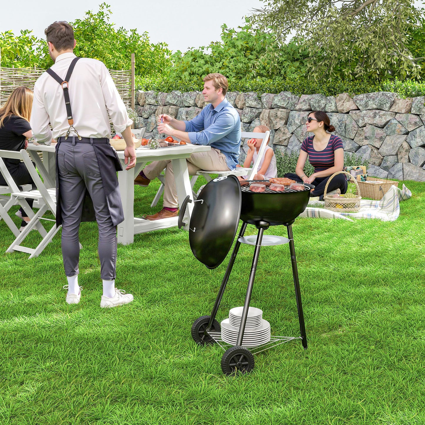 17" Kettle Charcoal BBQ Grill with BBQ Accessories, Barbecue Grill with Shelf, Ash Catcher, Wheels, Handles for Outdoor Cooking, Patio Backyard Party, Black