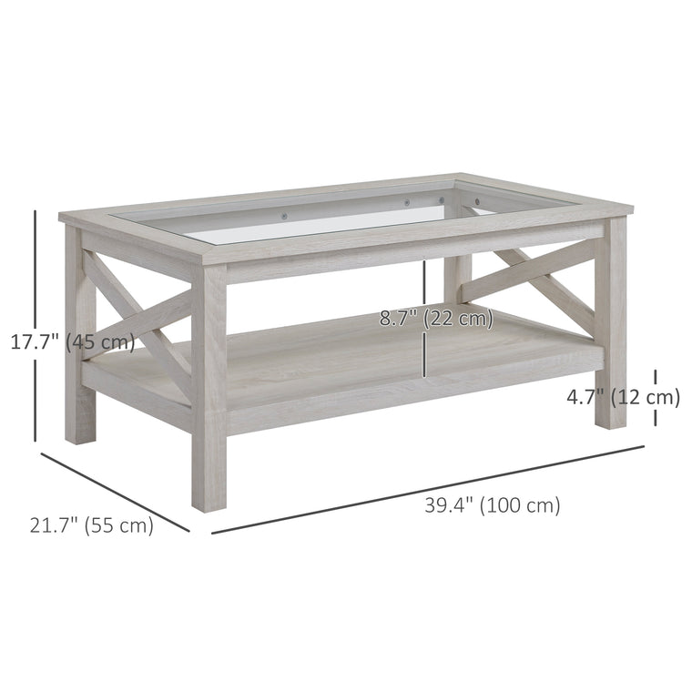 Farmhouse Glass-Top Coffee Table with Storage Shelf