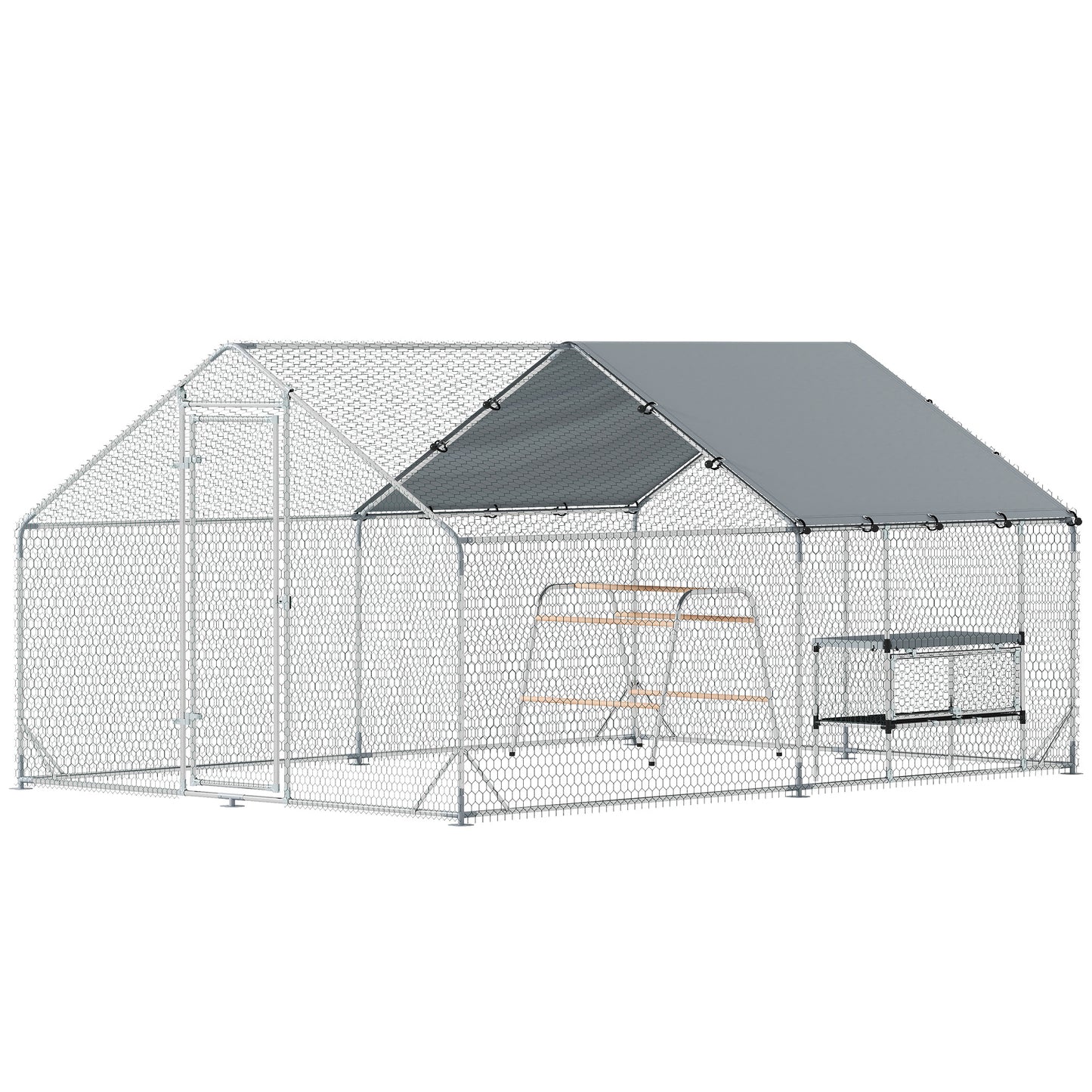 Metal Chicken Coop Run w/ Waterproof Cover, Nesting Box, Roosting Bars, for Outdoor Backyard