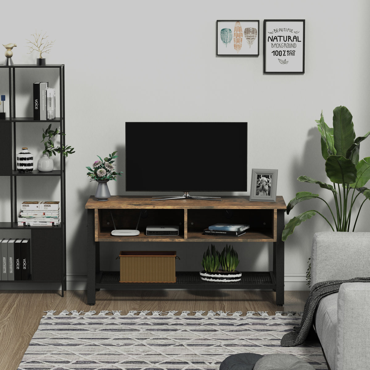 Industrial TV Stand, TV Console Table for TV up to 45'' Flat Screen, Entertainment Center for Living Room, Bedroom, Rustic Brown