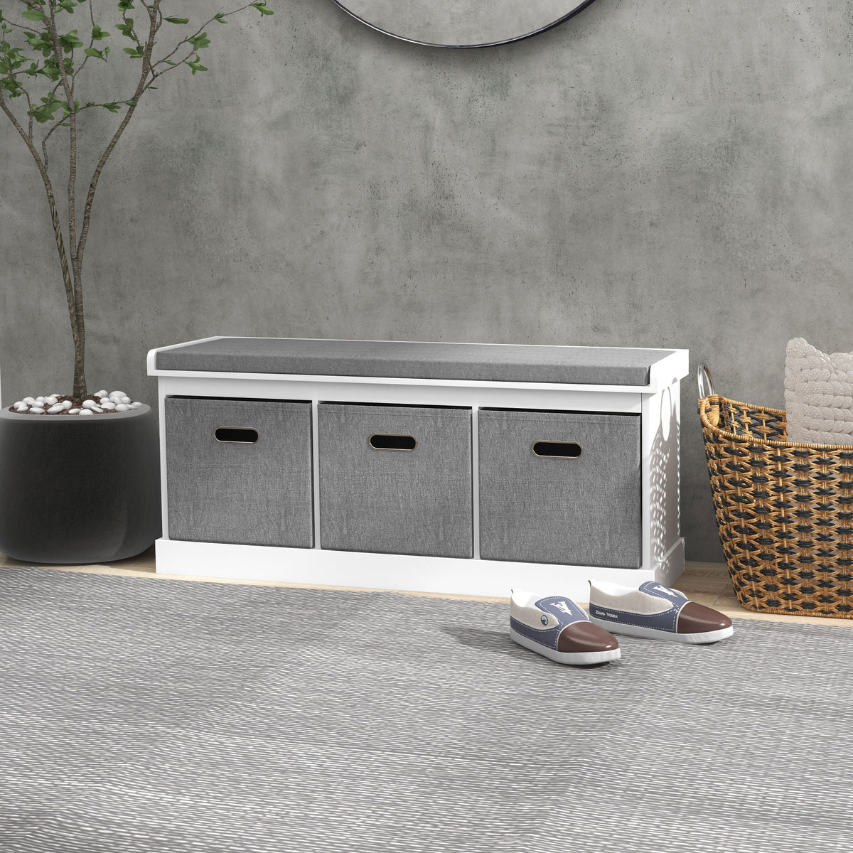 Shoe Storage Bench with Seat, Entryway Bench Seat with Cushion, 3 Fabric Drawers for Hallway, White