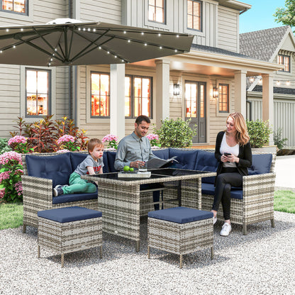 Deep Blue 6-Piece Rattan Sofa Set with Dining Table