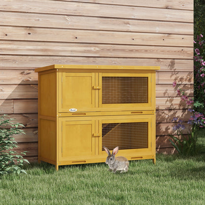 Yellow Wood Rabbit Hutch with 2 Main Houses & Ramp