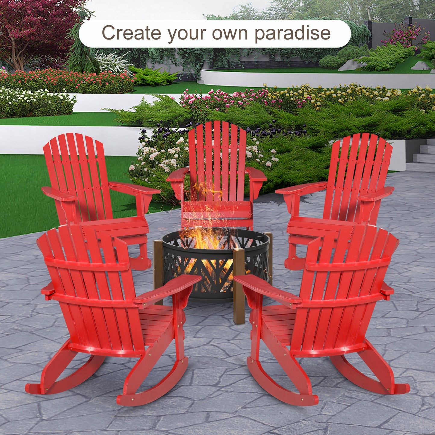 Wooden Adirondack Rocking Muskoka Chair with Slatted Wooden Design, Fanned Back and Classic Rustic Style, Red