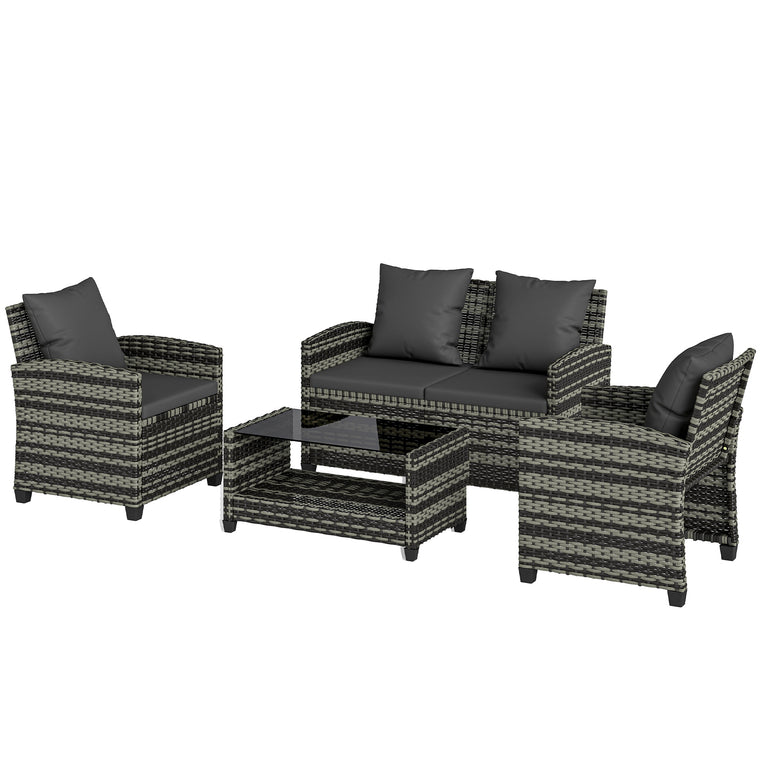 4-Piece Wicker Conversation Set with 2-Tier Table - Dark Grey