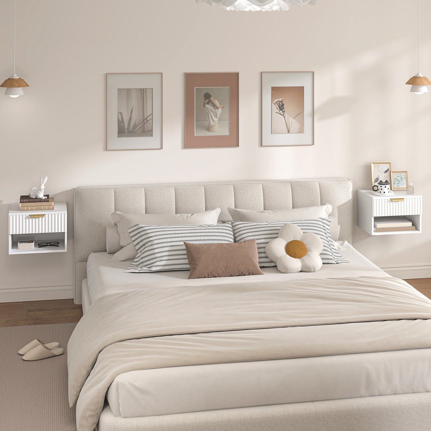 Floating Nightstands, Wall Mounted Bedside Tables Set of 2 with Drawer and Open Shelf, White