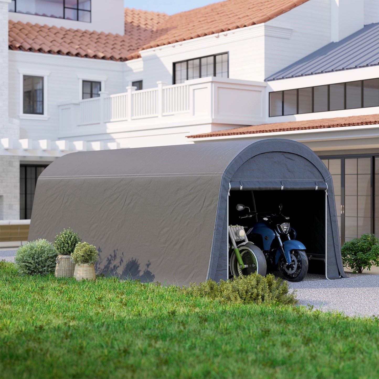 10' x 20' Portable Shed, Motorcycle Bike Tent with Roll-up Door, Galvanised Steel Frame for Garden Tools, Dark Grey