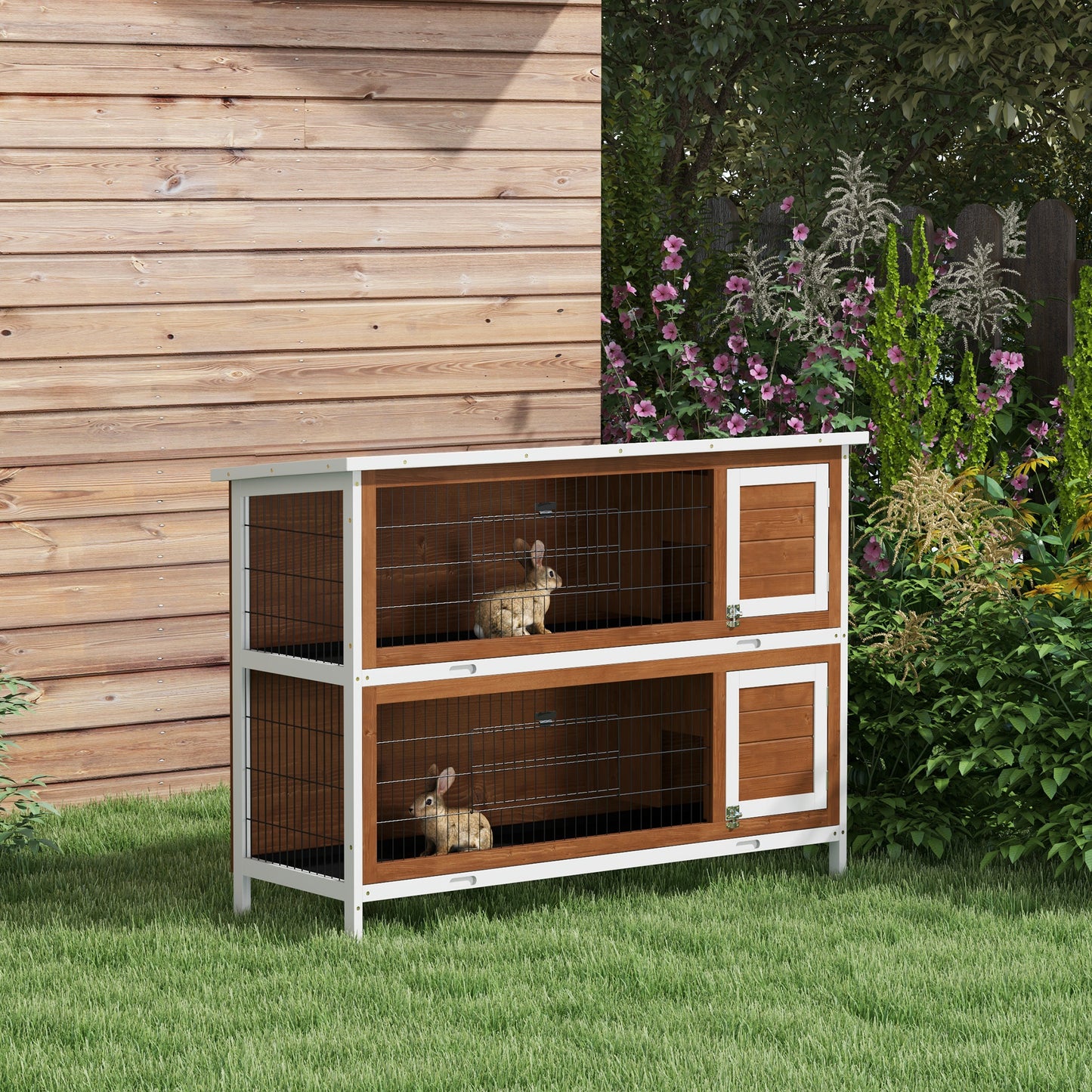 2 Tier Wooden Rabbit Hutch Bunny Pet House Wooden Coop Run, Brown