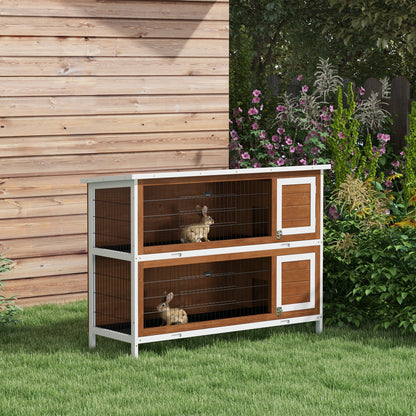 2-Tier Brown Wooden Rabbit Hutch with Run