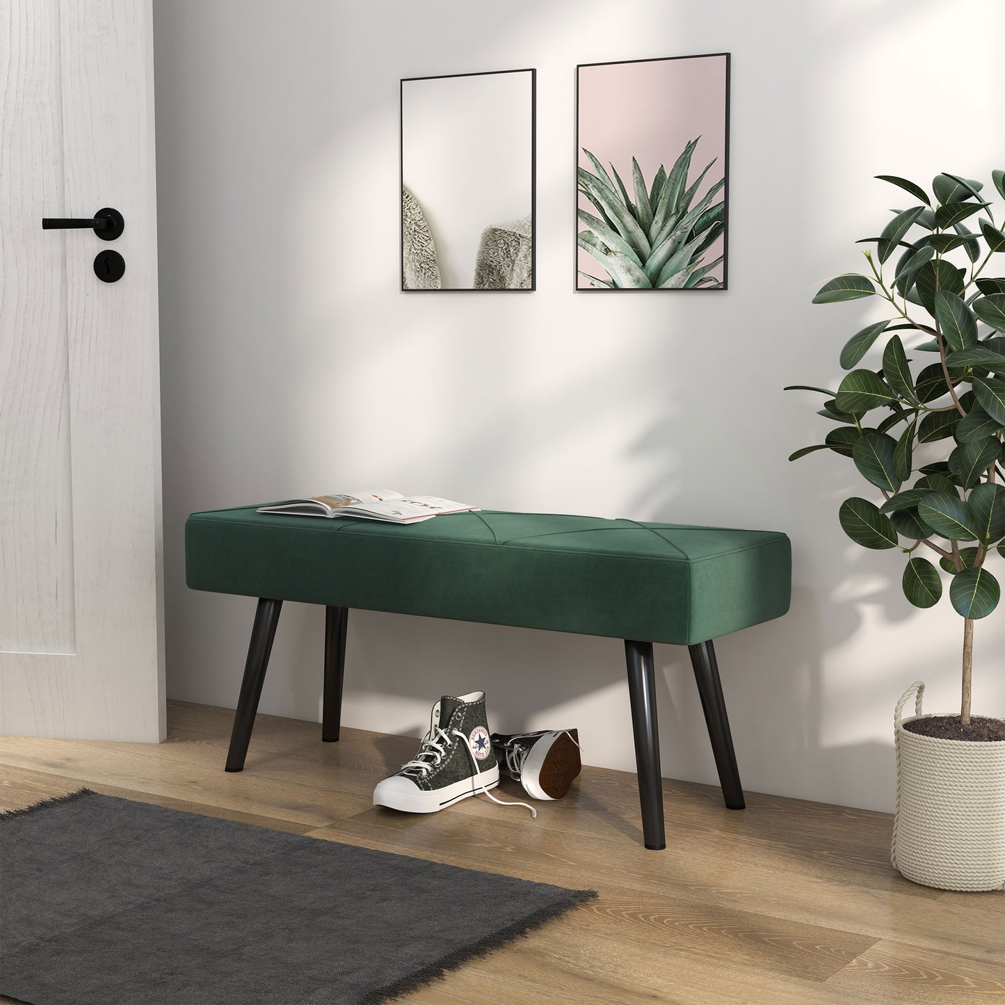 39 Inches Upholstered Bedroom Bench, Modern End of Bed Bench with Steel Legs, Green
