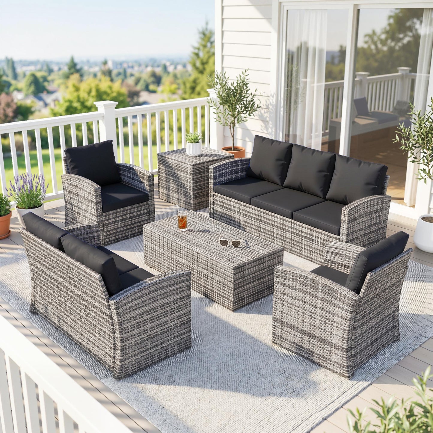 6 Pieces Wicker Patio Furniture Set with Cushions, 7-Seater Rattan Patio Sofa Set with Storage Table, Black