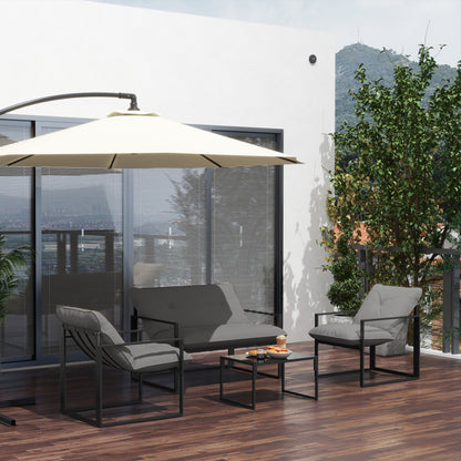 4 Piece Outdoor Furniture Set, Patio Conversation Set with Tempered Glass Table, Loveseat, Chairs, Cushions, Light Grey - Black