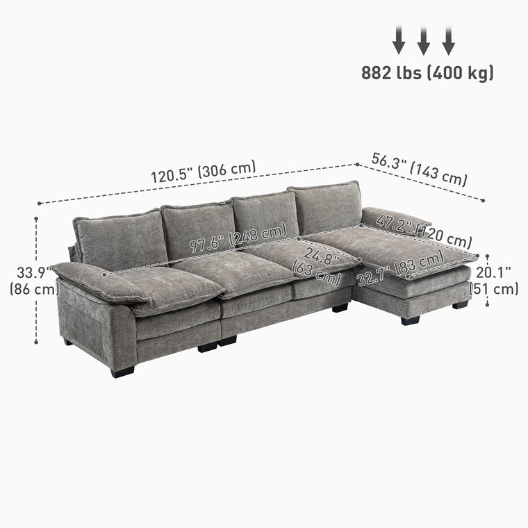 Chenille L-Shaped Sofa with Chaise - Grey