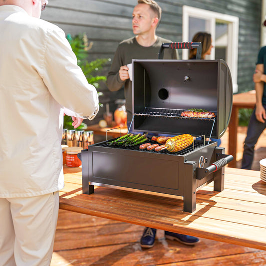 Tabletop Charcoal Smoker, Portable BBQ with Ash Catcher and Thermometer for Backyard, Camping, Picnic, Black