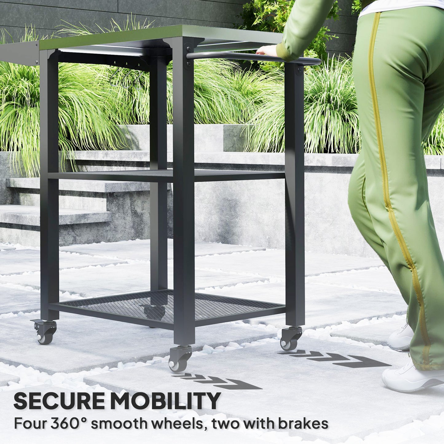 Outdoor Grill Cart w/ Foldable Side Table, 3-Tier Pizza Oven Stand w/ Stainless Steel Tabletop, Hooks, Wheels