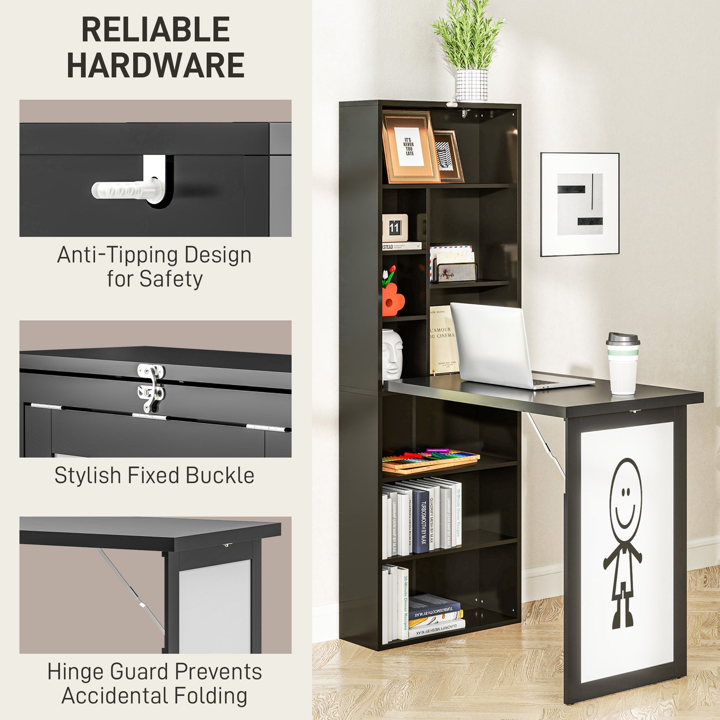 Fold-out Convertible Office Desk, Wall Mount Computer Desk with Whiteboard and Side Shelf, Black