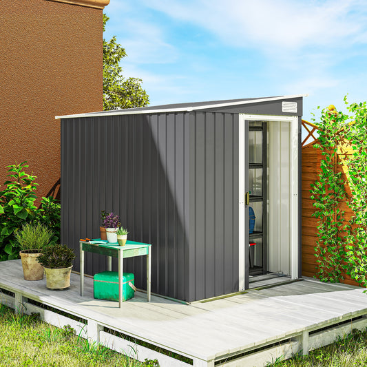 5'x7' Lean to Galvanized Metal Shed with Foundation, Garden Tool Storage House with Sliding Door and 2 Vents, Dark Grey