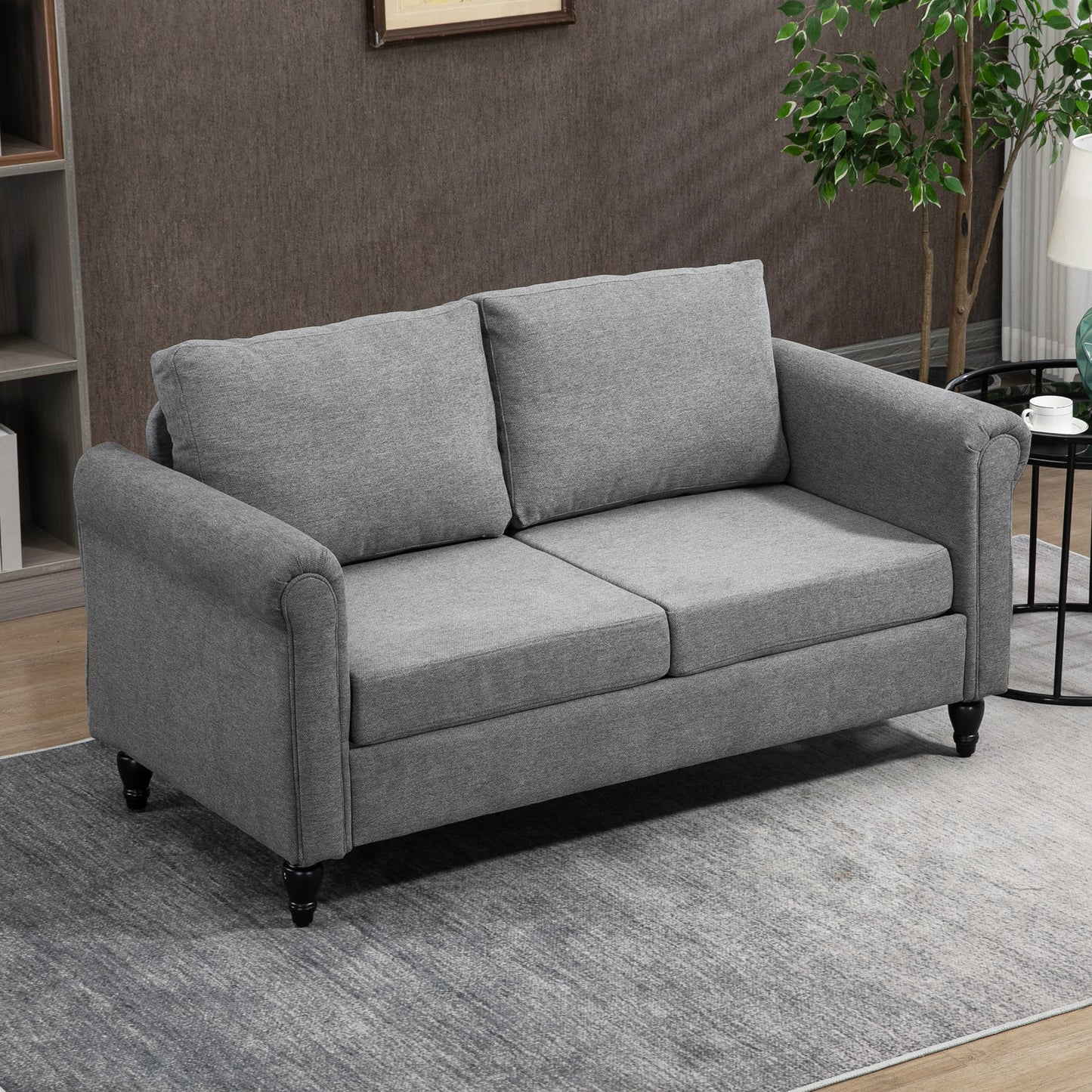Vintage Loveseat, Upholstered Love Seat Furniture, Chenille-feel Fabric 2 Seater Sofa Couch with Rolled Arms, Gourd-Shaped Rubber Wood Legs for Living Room, Light Grey