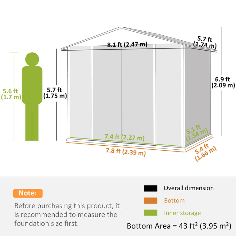 8' x 6' Metal Garden Shed with Lockable Doors and Vents