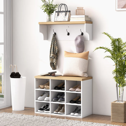 2-in-1 Hall Tree with Shoe Bench and 5 Hooks - White
