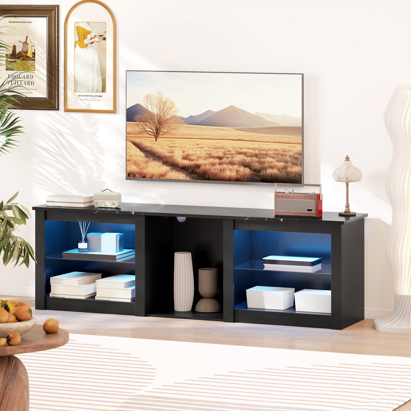 TV Stand with LED Lights, Modern Entertainment Center with Adjustable Glass Shelves, for TVs up to 70 Inch, Black
