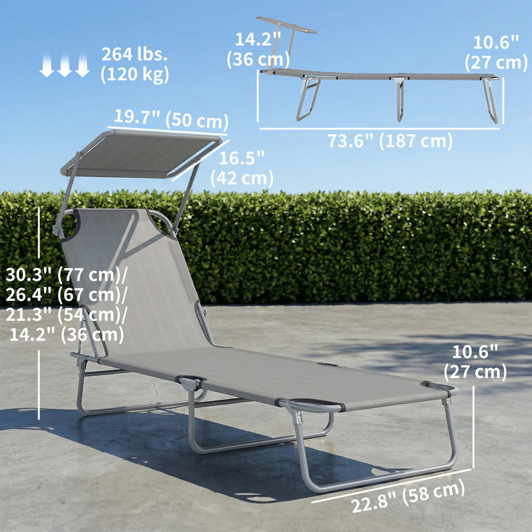 Adjustable Folding Chaise Lounge with Sun Shade - Light Grey