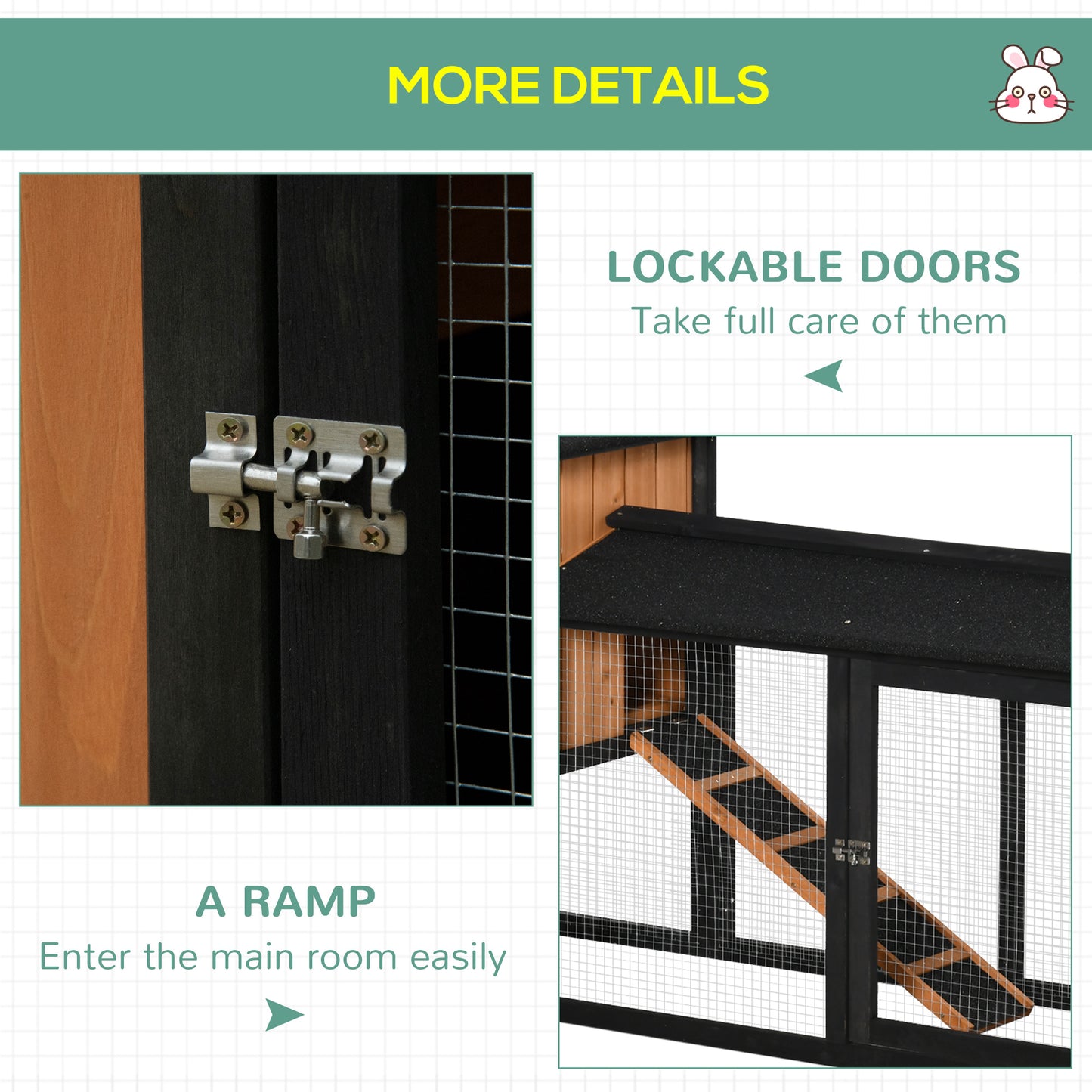 69" Black Wooden Rabbit Hutch with Run & Ramp