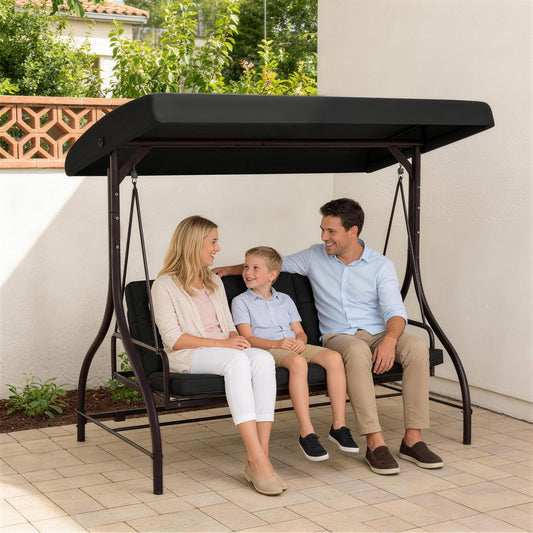 Convertible Patio Swing Bed with Canopy and Cushions, 3 Seater Porch Swing for Outdoor, Backyard, Garden, Black - Black