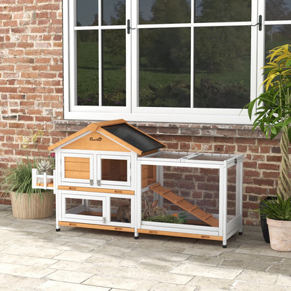 65" Yellow Wooden Rabbit Hutch with Openable Roof & Storage Box