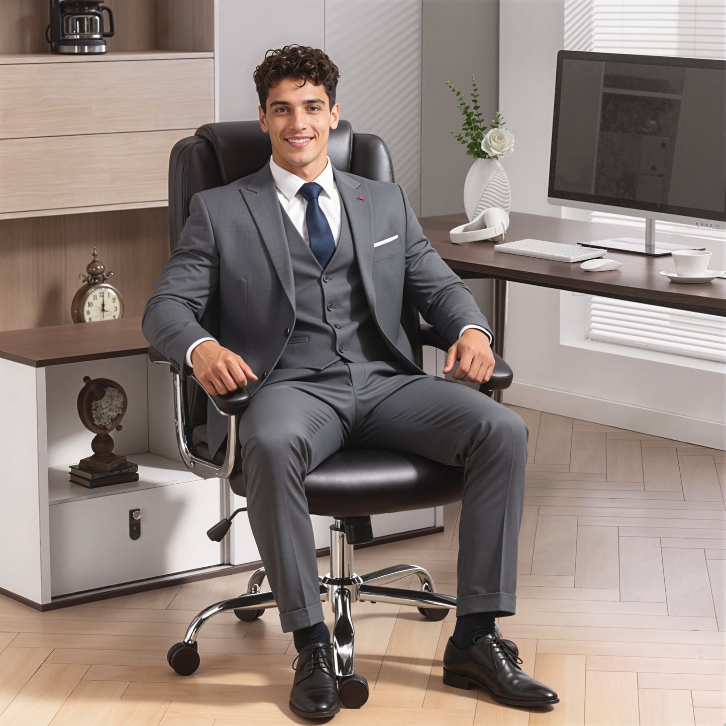 Big and Tall Office Chair 400 lbs, Desk Chair with Spring Cushion, PU Leather, High Back, Swivel Wheels, Black