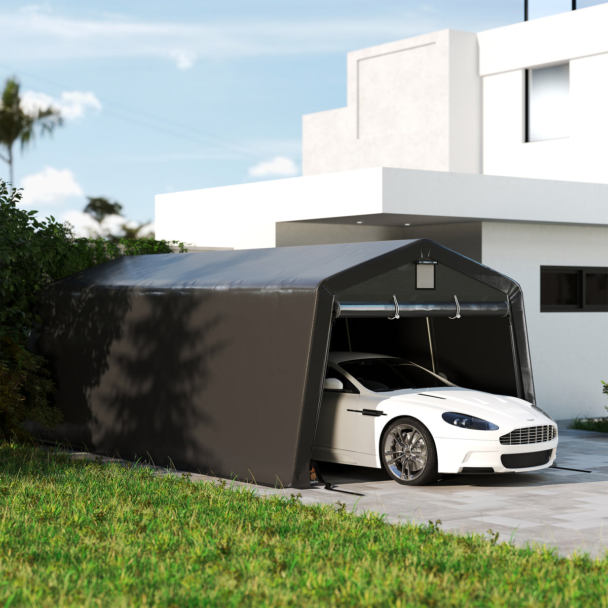 Portable Garage, Heavy Duty Carport Canopy with Ventilation Windows and Large Roll-up Door, Dark Grey - 11' x 20'