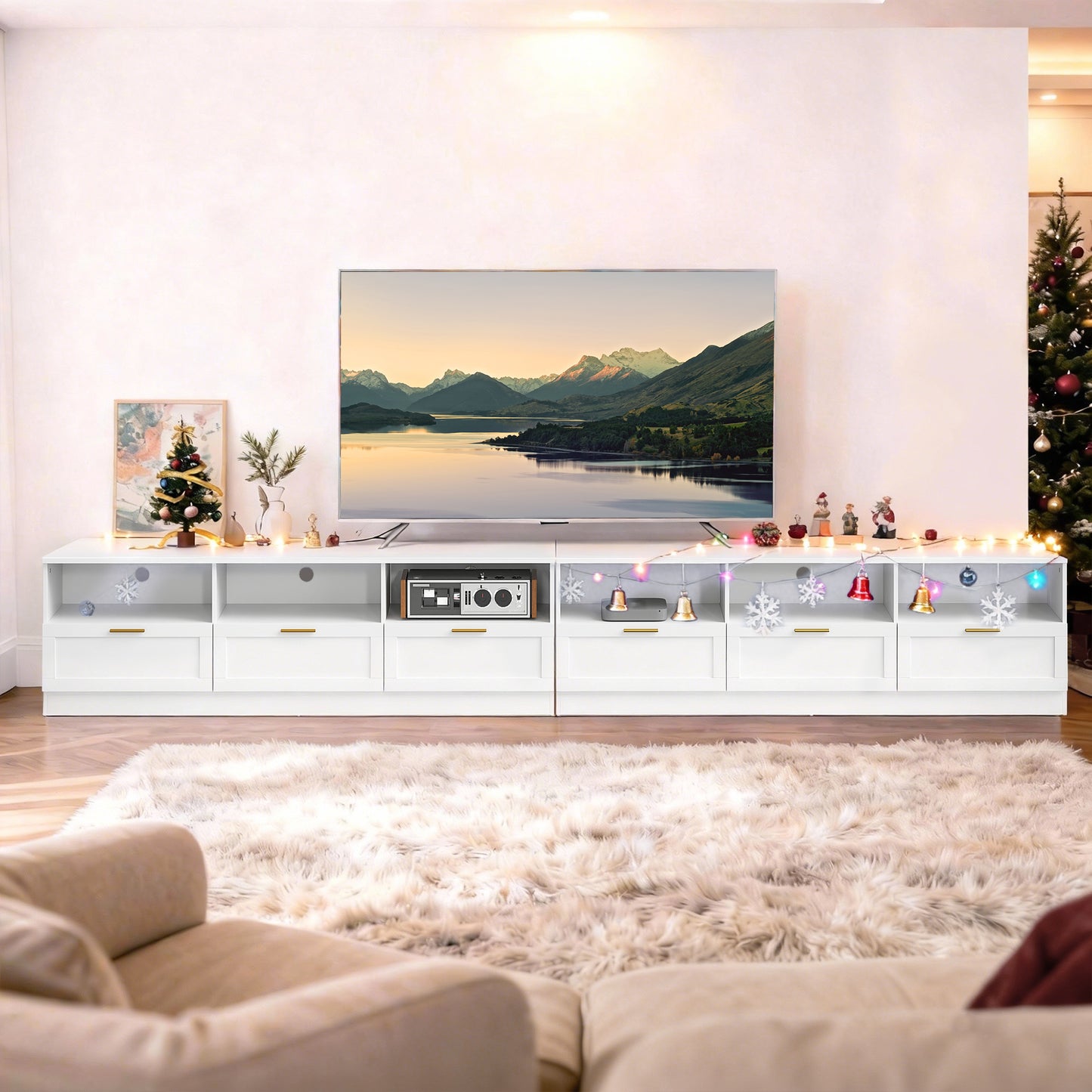 TV Stand with Storage, Modern Entertainment Center with 3 Cabinets and 3 Open Shelves, for TVs up to 85", White