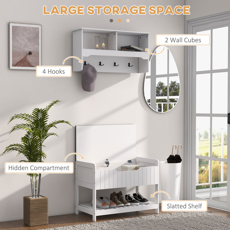 Hall Tree Coat Rack with Shoe Storage Bench - White