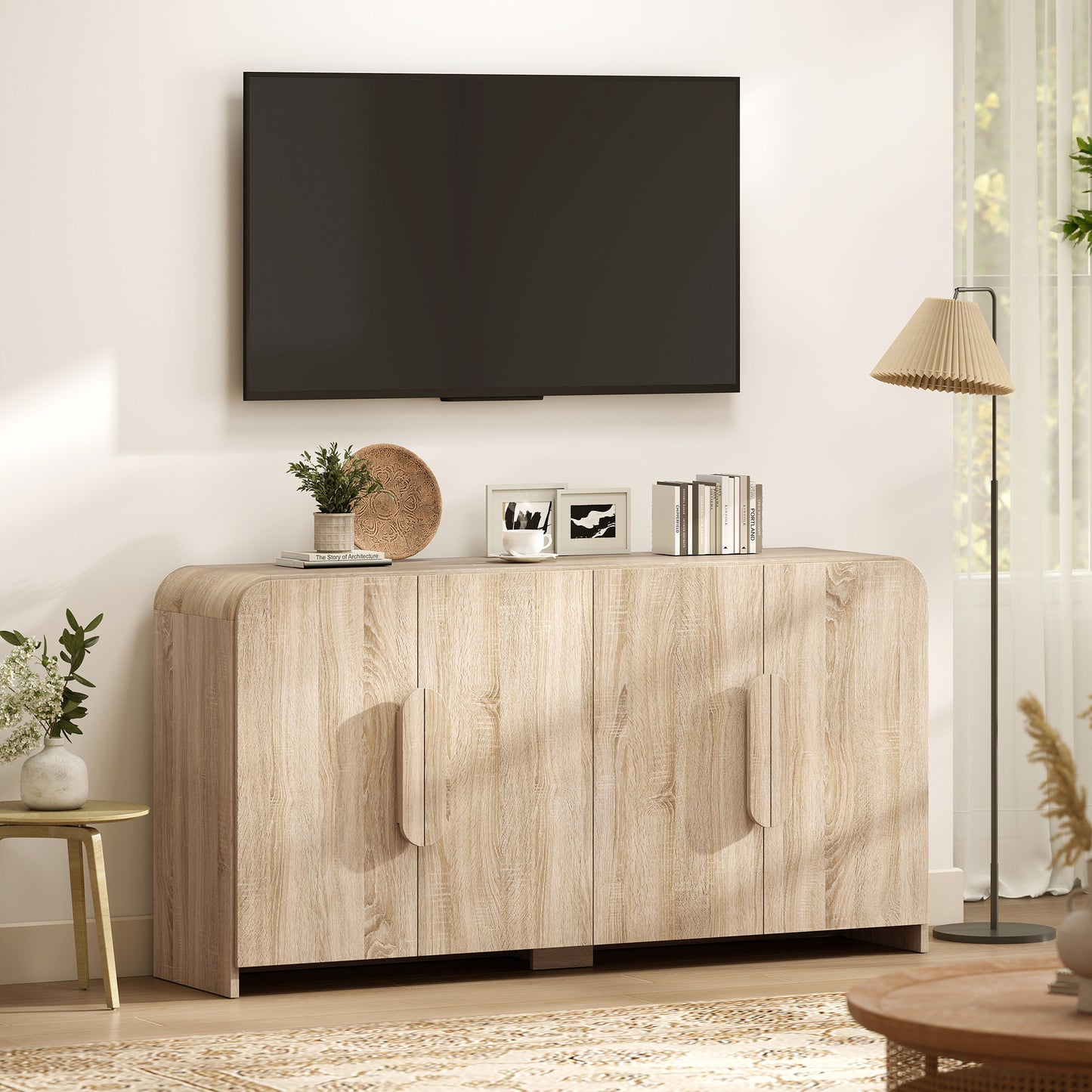 Sideboard Buffet Cabinet, 62" Modern Kitchen Storage Cabinet with Soft-Close Doors and Adjustable Shelves, Natural Wood