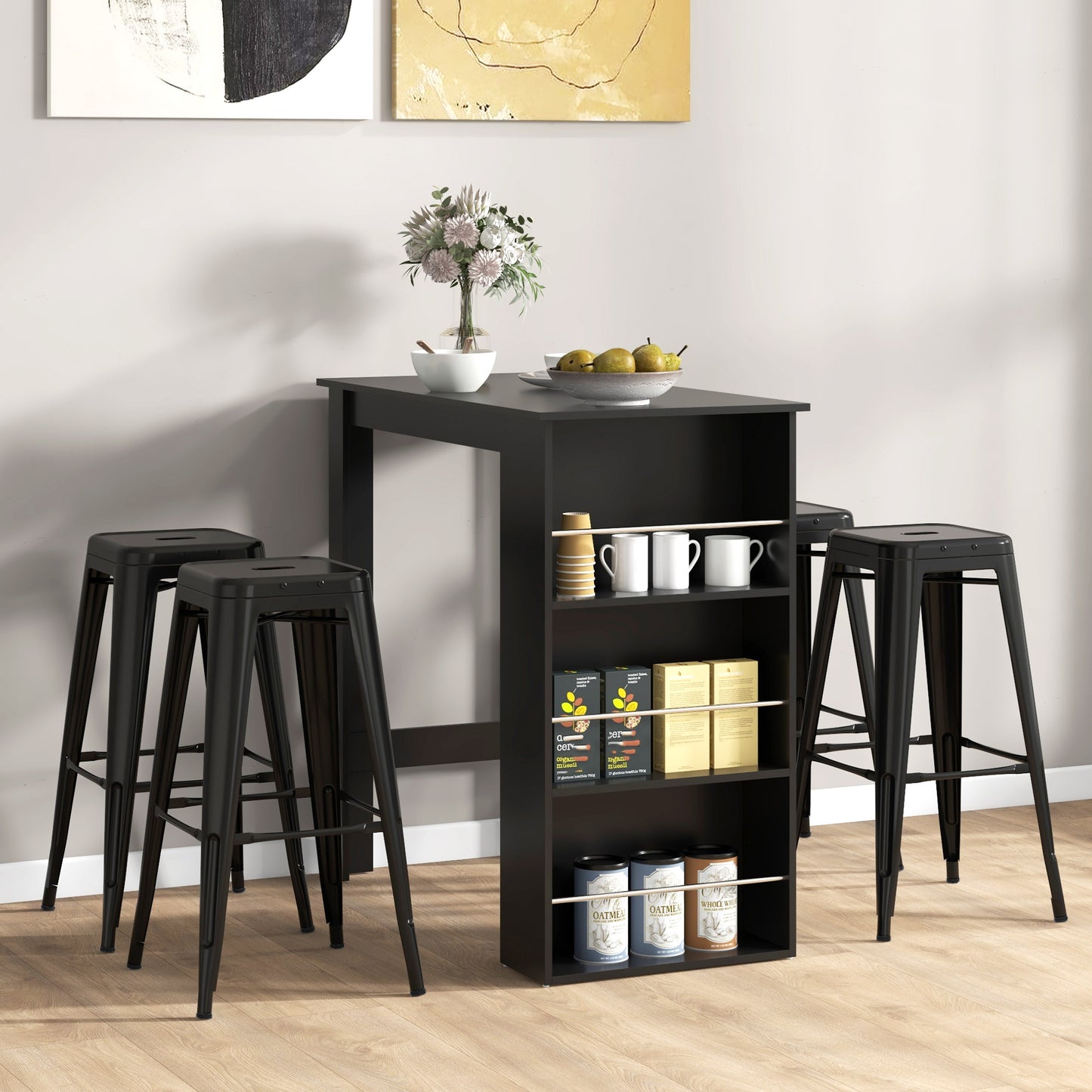 Bar Table Counter Height Dining Table with 3 Storage Shelves for Kitchen, Dining Room, Living Room, Black