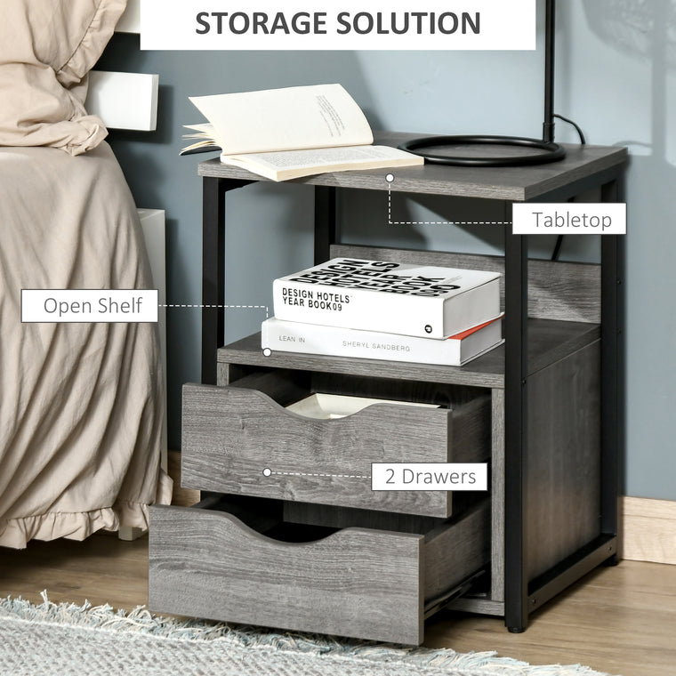 Industrial Nightstand with 2 Drawers and Shelf - Grey