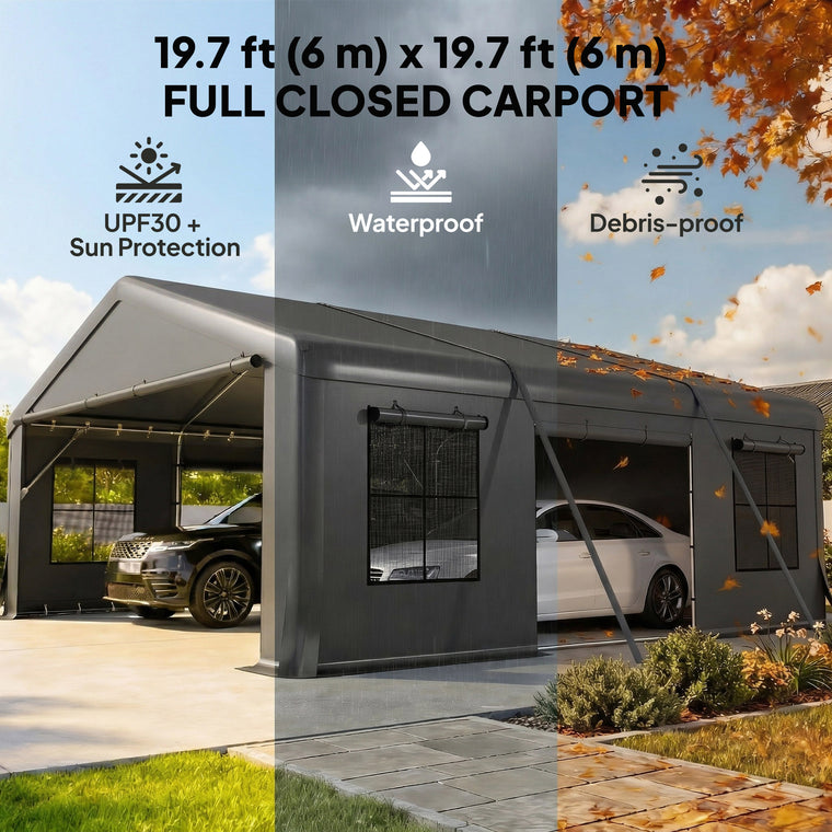 20' x 20' Dark Grey Carport with Roll-Up Doors & Windows
