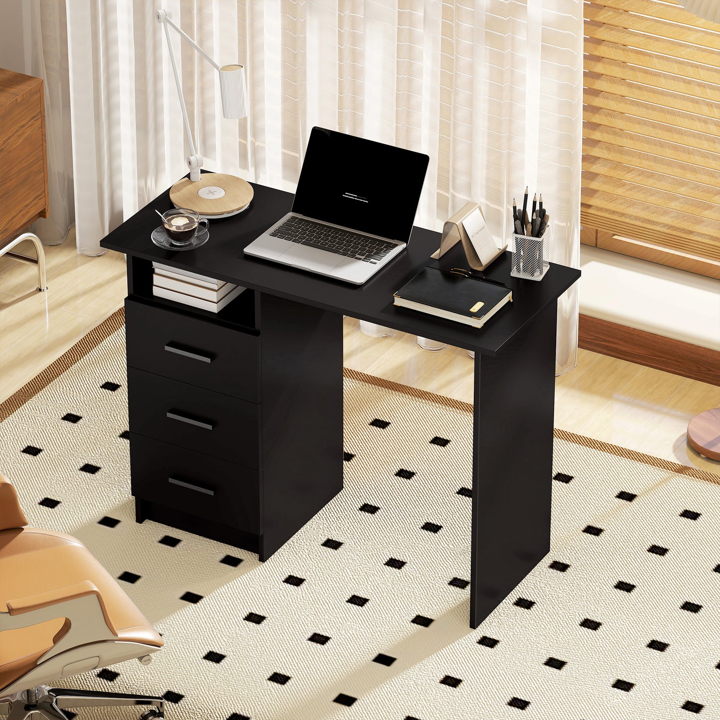 Computer Desk with Storage, 39" Home Office Desk with 3 Drawers and Open Shelf, Writing Table for Bedroom, Black