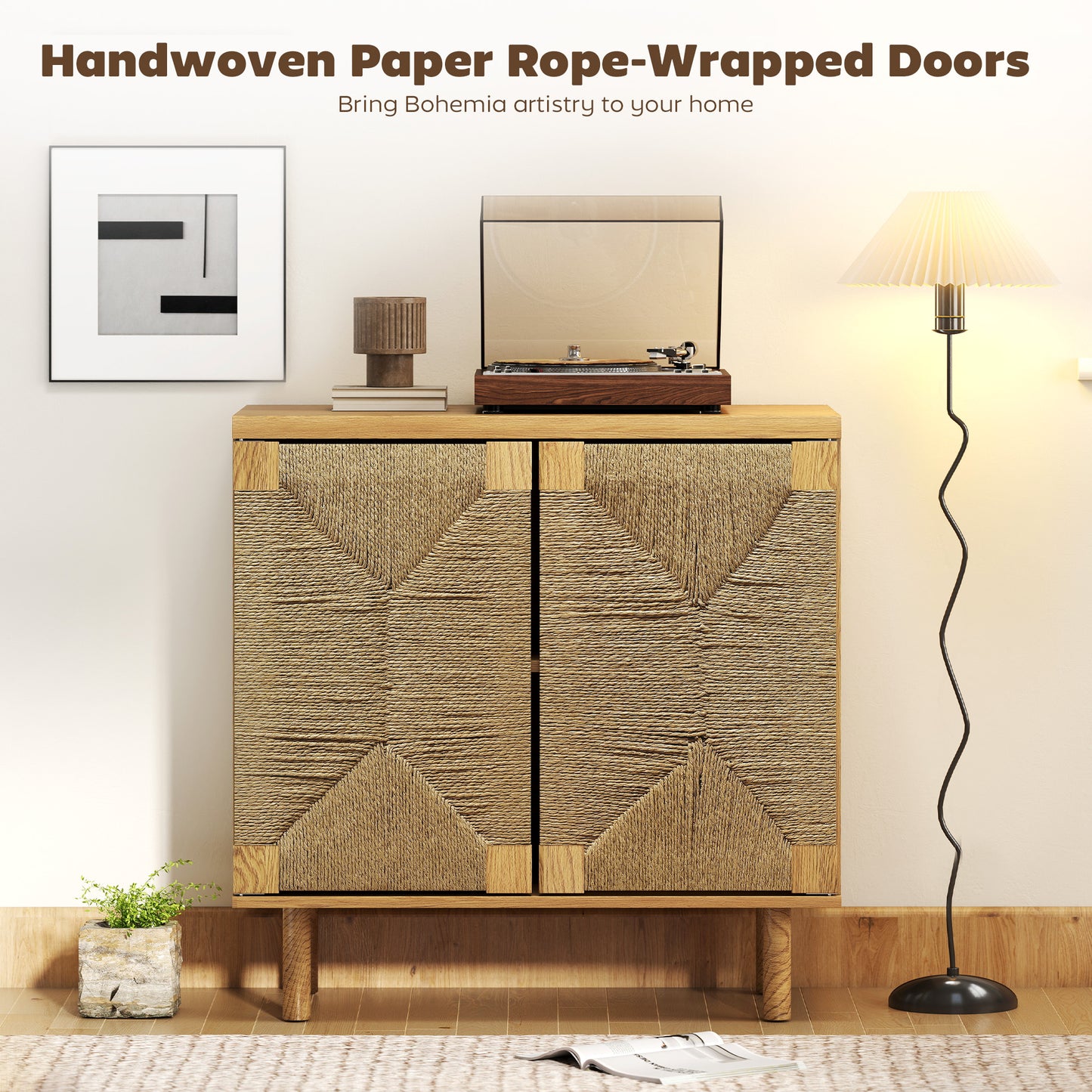 Handwoven Rope Accent Cabinet Boho Sideboard Buffet Cabinet with Push to Open Doors Adjustable Shelf Pine Wood Legs Oak