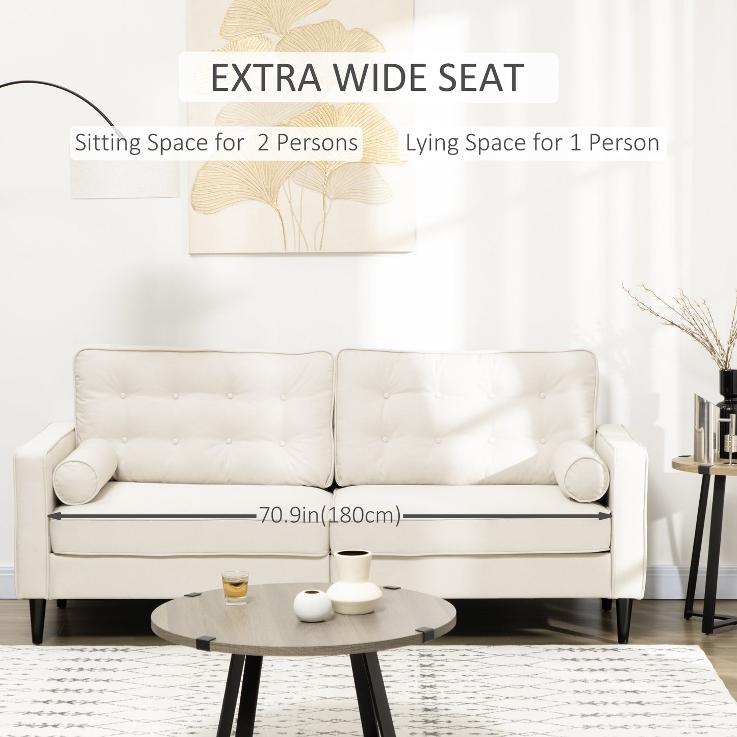 Mid-Century Sofa, Couch with Button-Tufted Back Cushion, Linen Feel Fabric Upholstery, 2 Cylindrical Pillows and Rubber Wood Legs for Living Room, Cream White