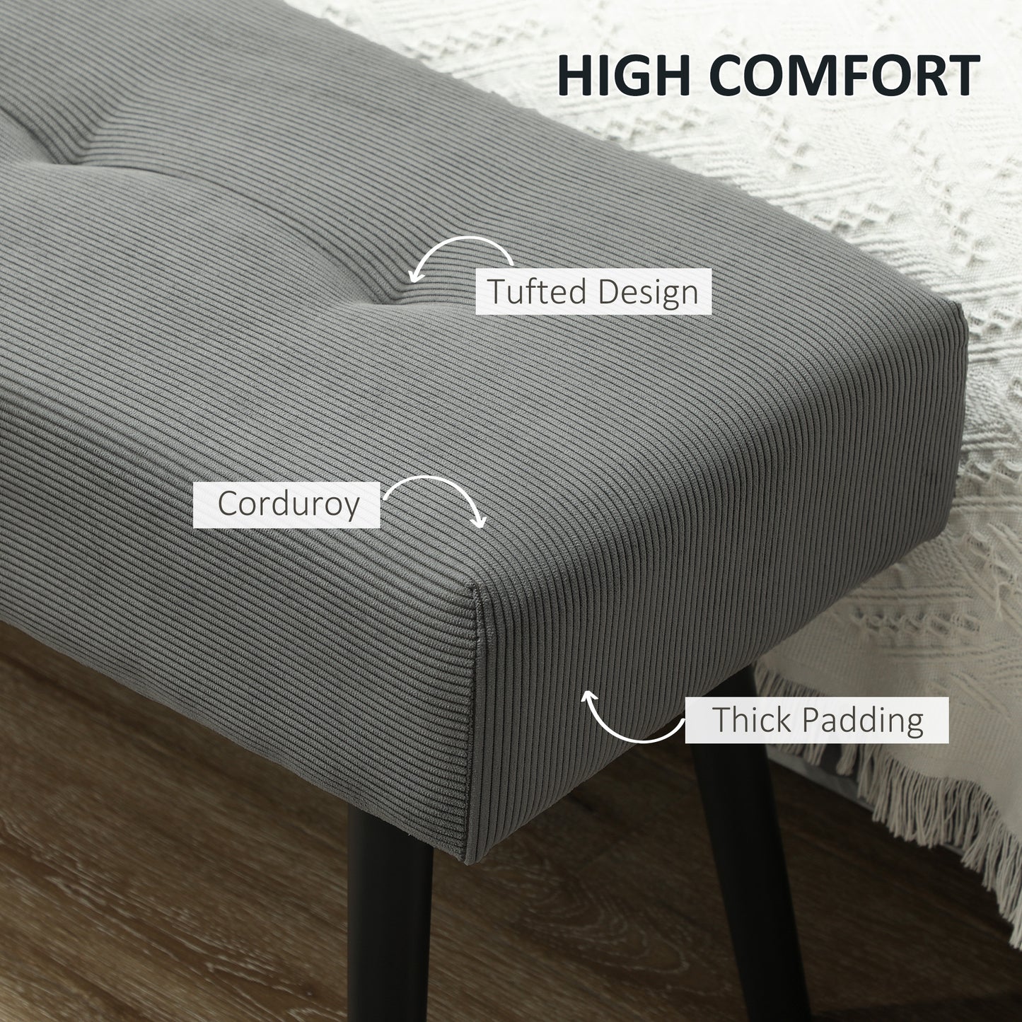 39" Upholstered Ottoman Bench, Corduroy Entryway Bedroom Bench with Padded Seat and Steel Legs for Bedroom, Grey