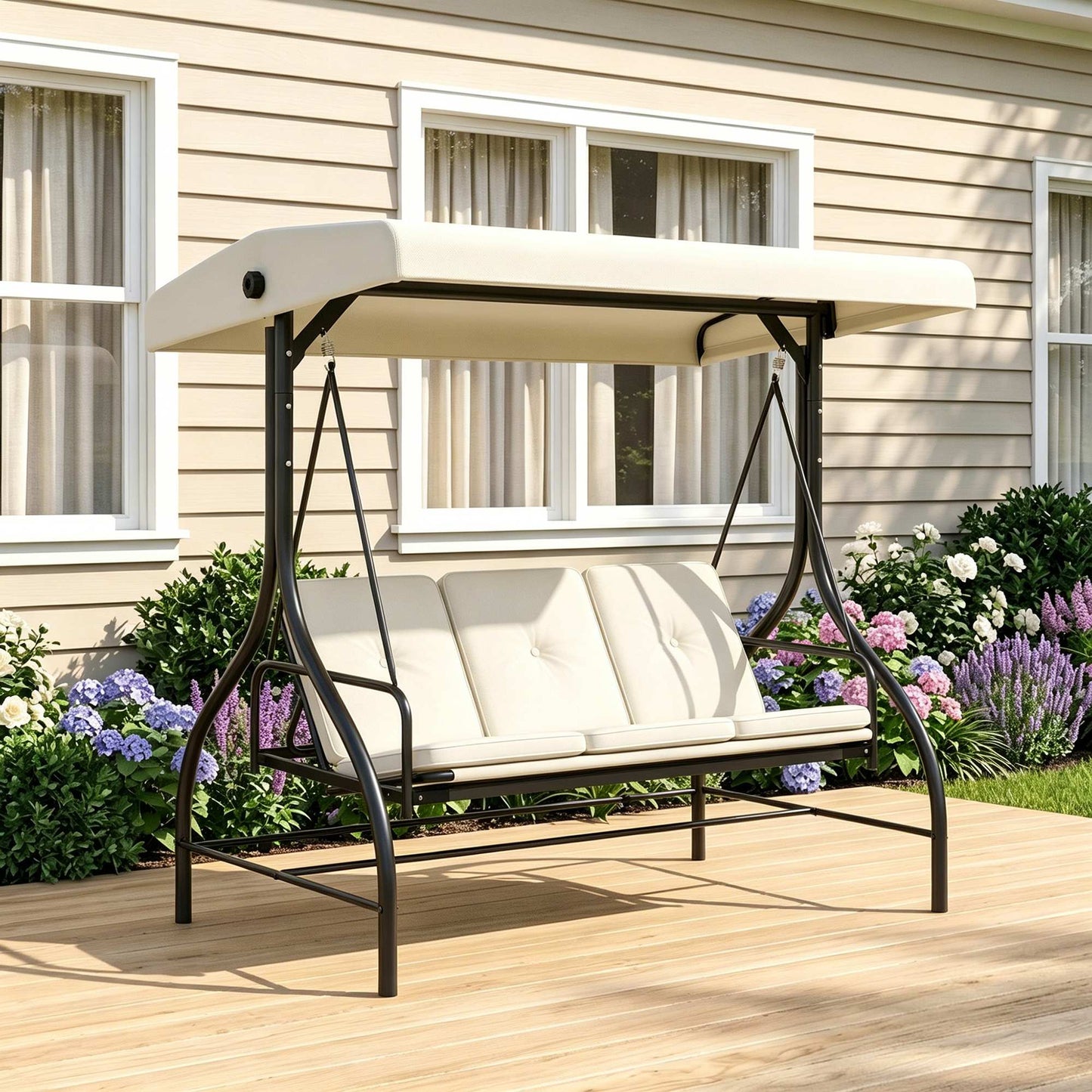 Convertible Patio Swing Bed with Canopy and Cushions, 3 Seater Porch Swing for Outdoor, Backyard, Garden, Beige