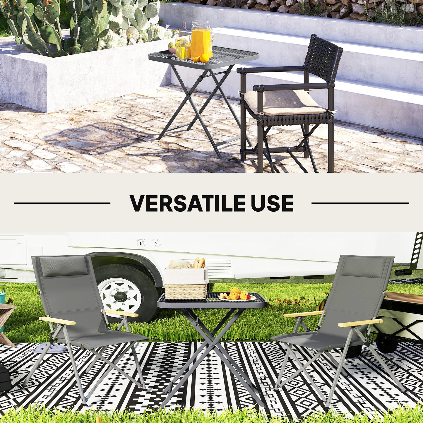 27.5" Square Outdoor Patio Table, Outdoor Folding Table with Grid Rattan-Like Top for Camping, Picnic, Black