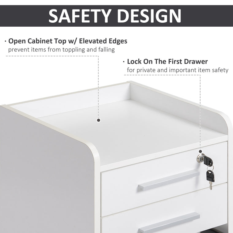 3-Drawer Filing Cabinet with Lock and Wheels - White
