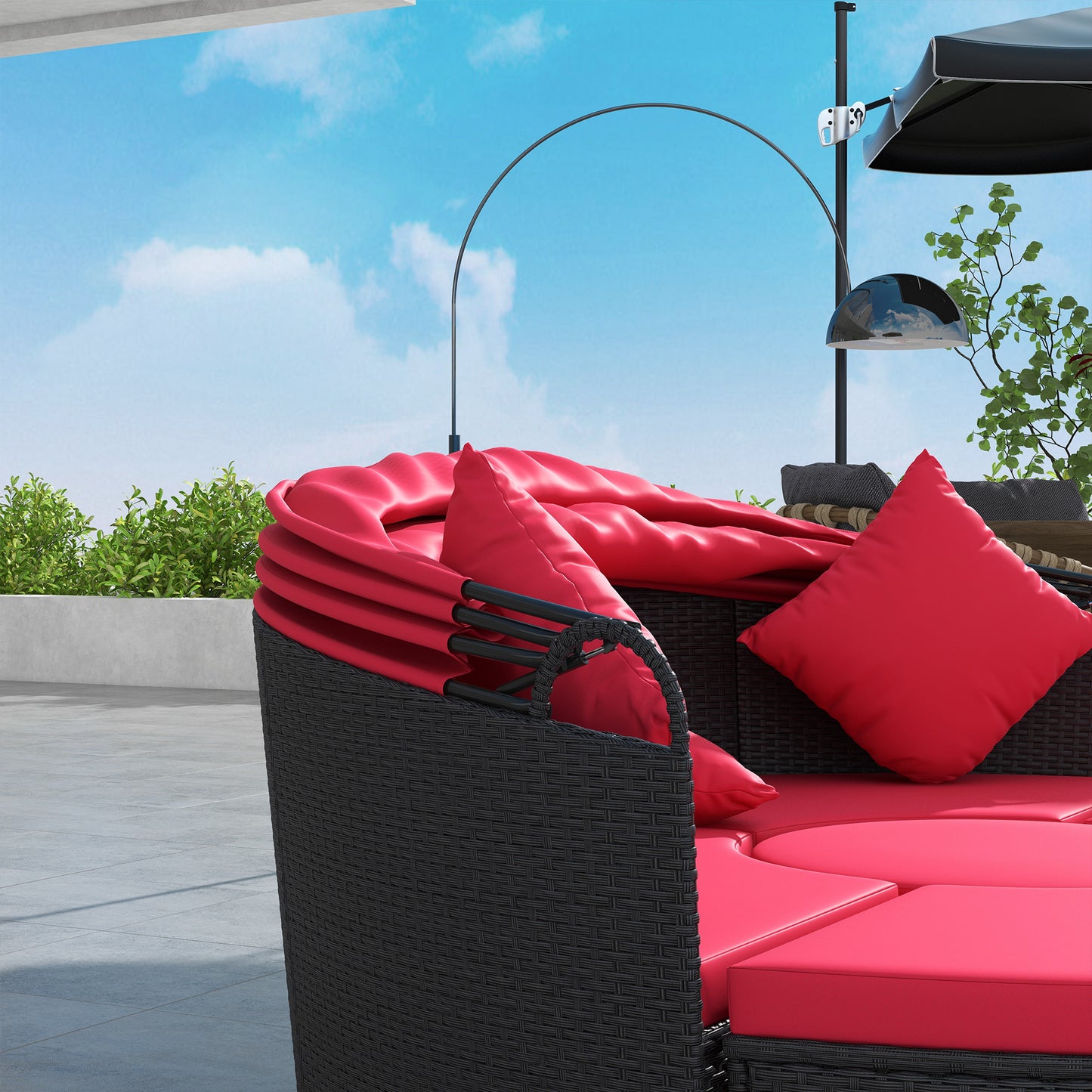4 Pieces Outdoor Daybed with Retractable Canopy, Wicker Lounger Bed, Conversation Furniture Set, Dark Blue