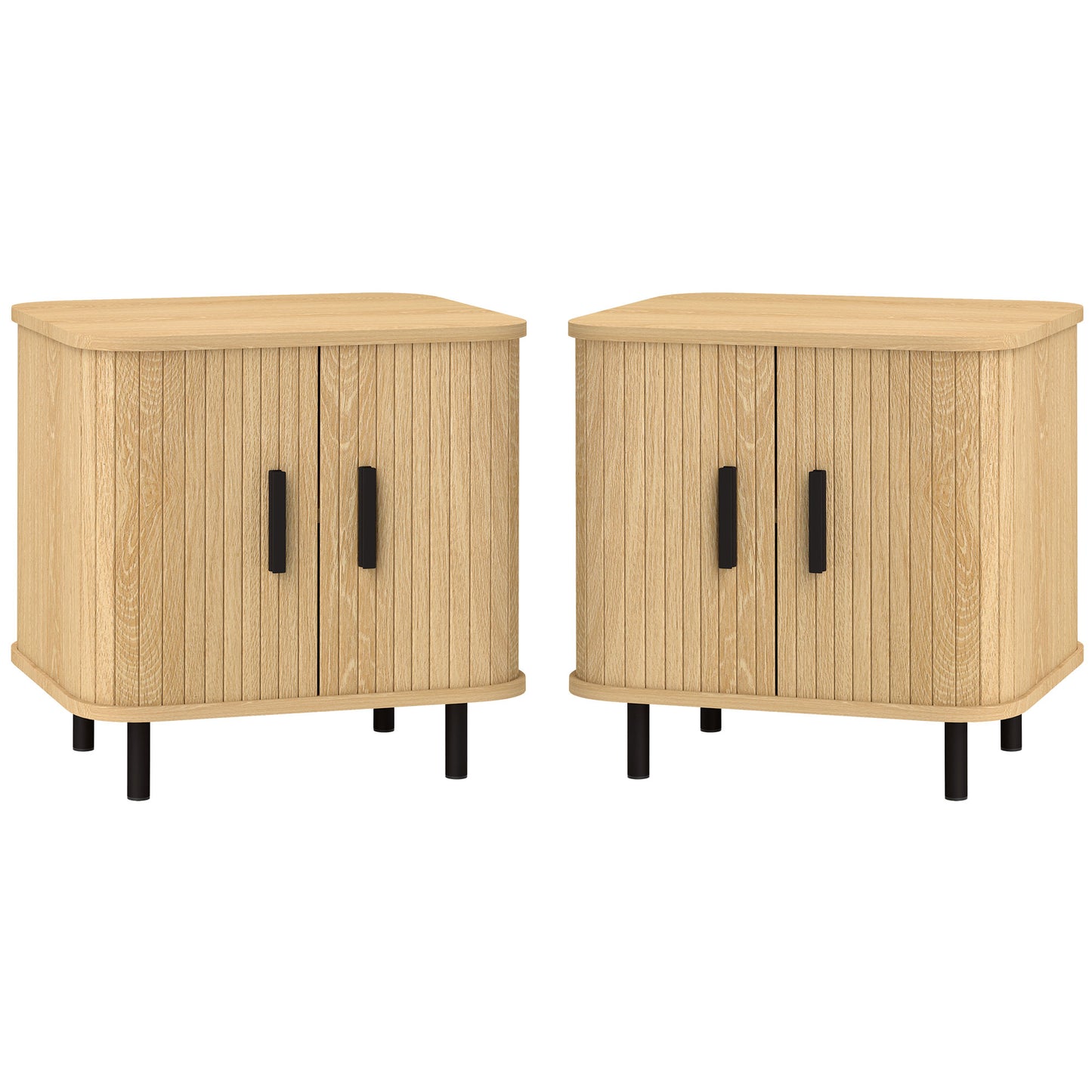 Nightstand Set of 2, Side Table with Shutter Doors, Sofa End Table with Steel Frame, for Bedroom, Living Room, Oak
